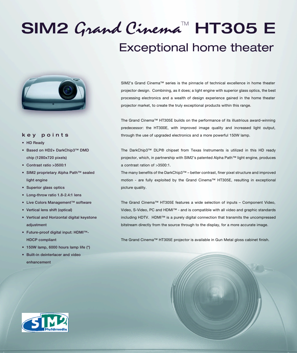 Sim2 Multimedia Grand Cinema HT305 E User Manual | 2 pages