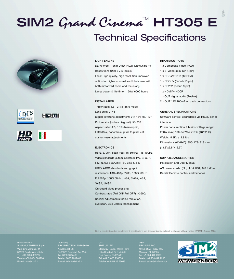 Sim2 Multimedia Grand Cinema HT305 E User Manual | Page 2 / 2