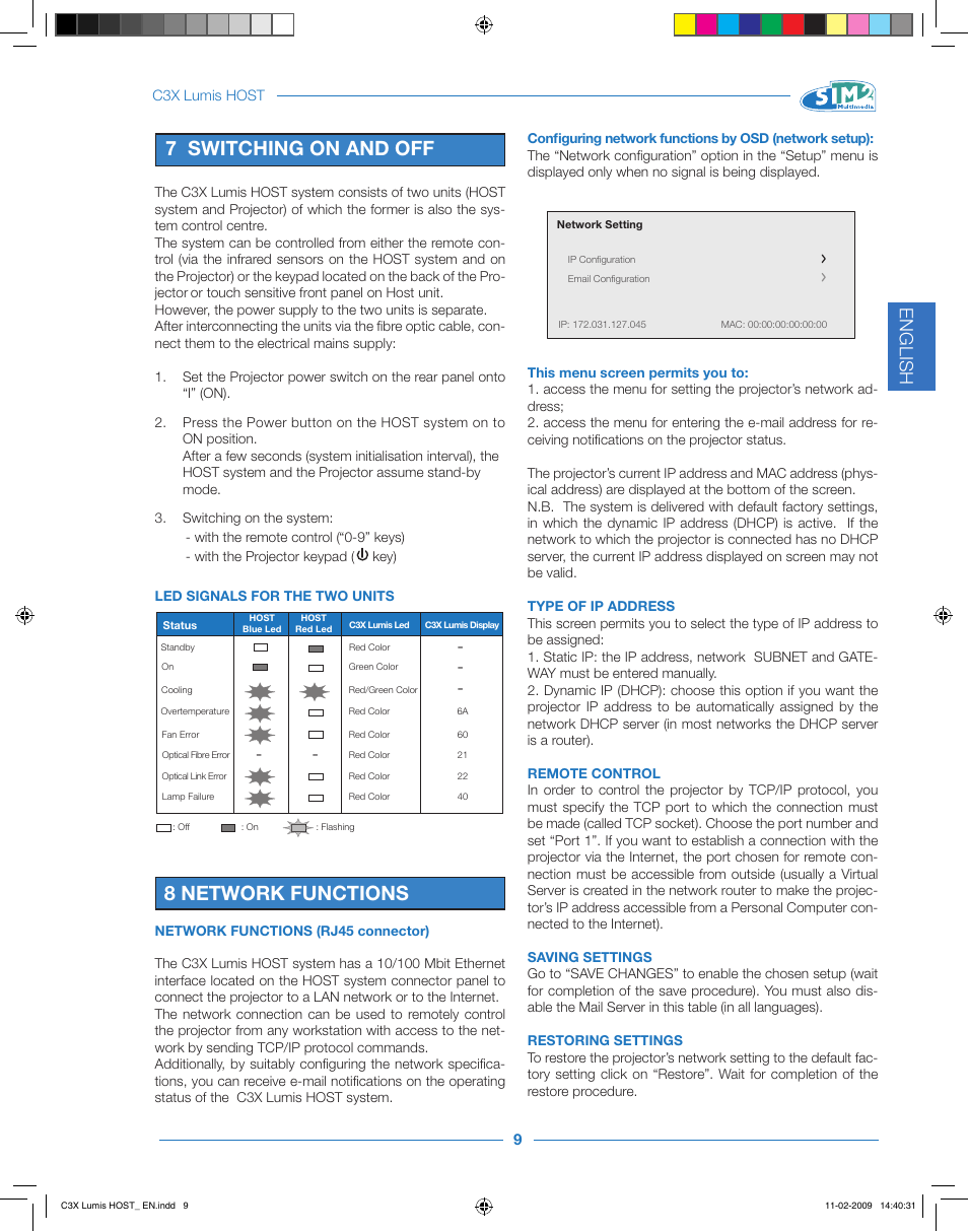 7 switching on and off, 8 network functions, English | Sim2 Multimedia LUMIS HOST C3X User Manual | Page 11 / 32