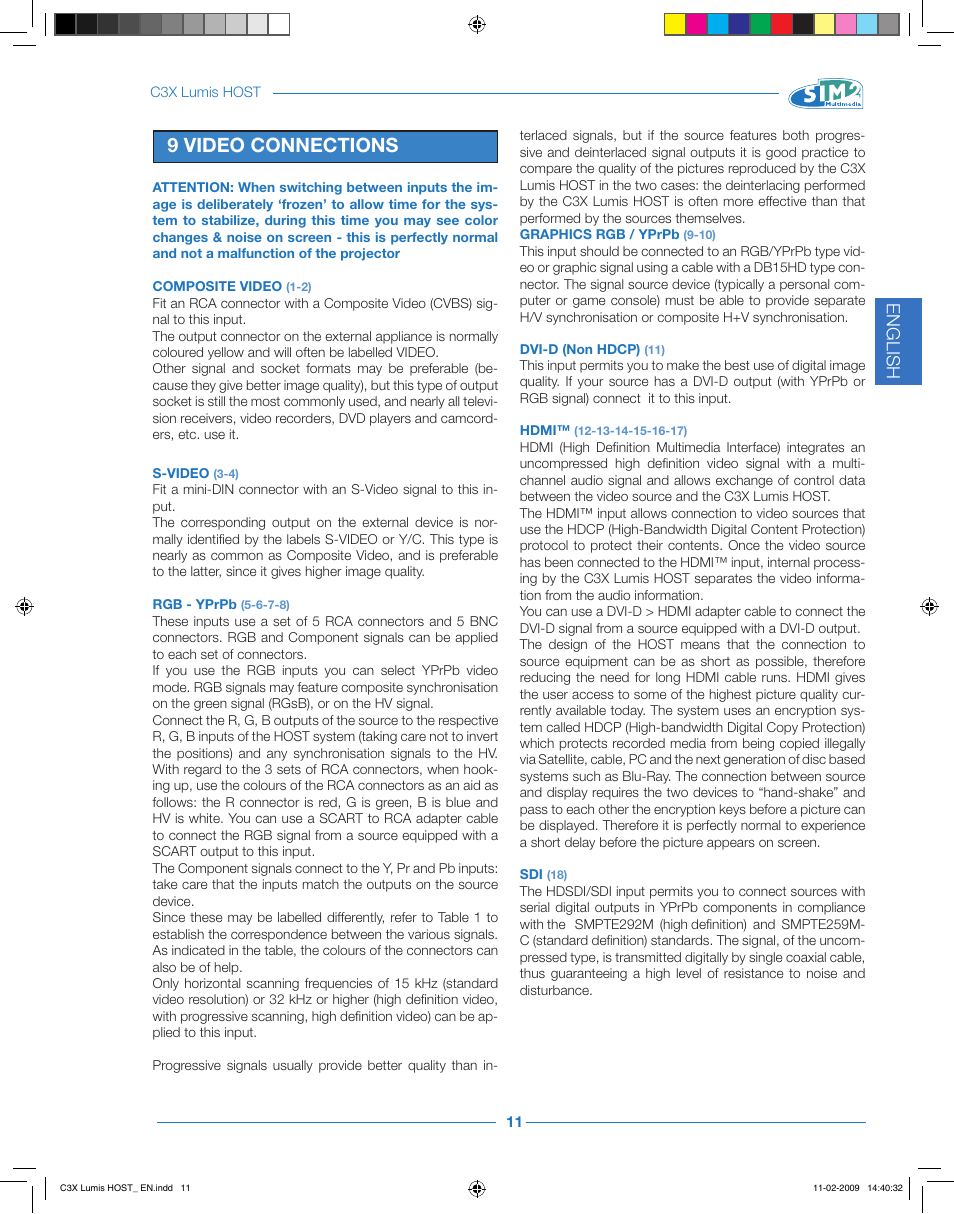 9 video connections, English | Sim2 Multimedia LUMIS HOST C3X User Manual | Page 13 / 32