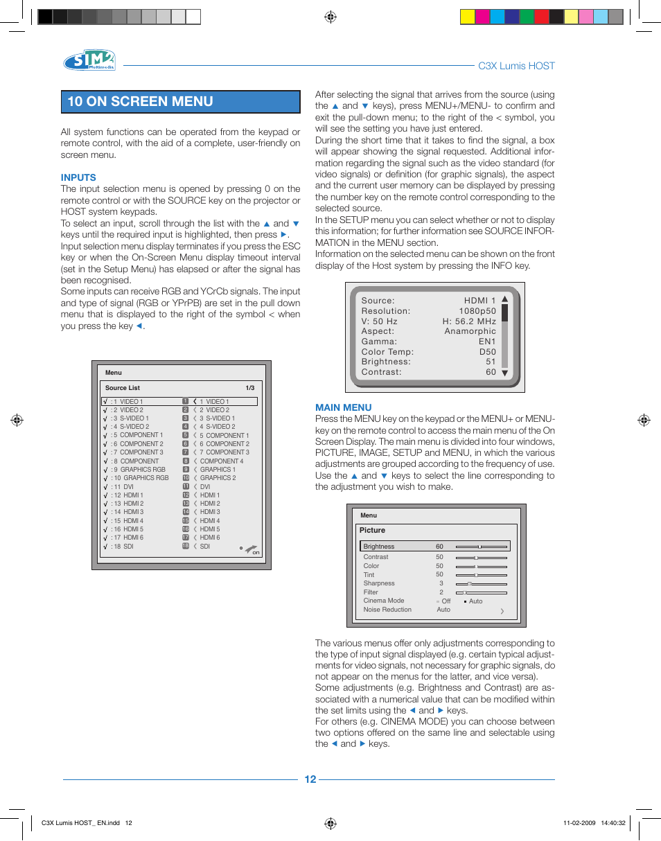 10 on screen menu | Sim2 Multimedia LUMIS HOST C3X User Manual | Page 14 / 32