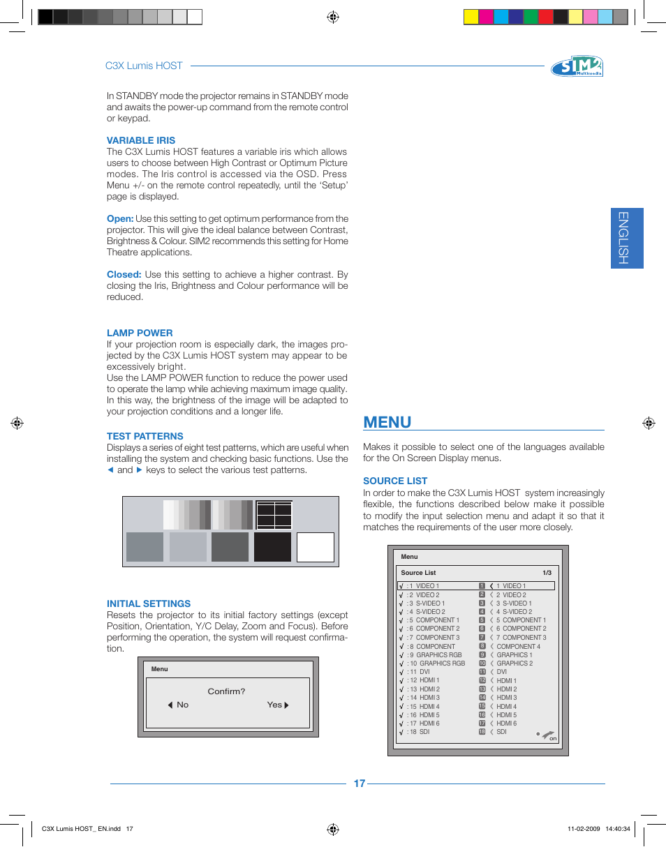 Menu, English | Sim2 Multimedia LUMIS HOST C3X User Manual | Page 19 / 32