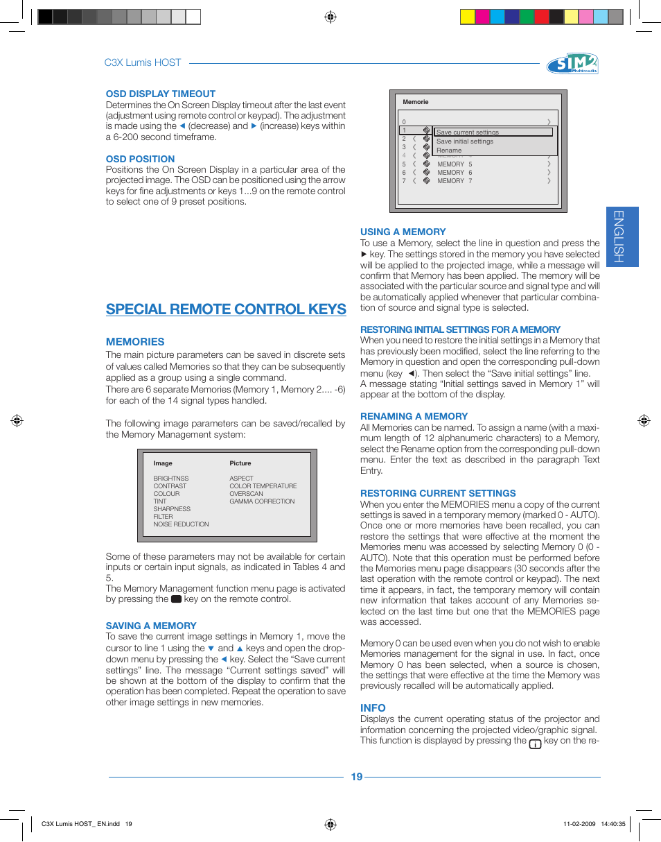 Special remote control keys, English | Sim2 Multimedia LUMIS HOST C3X User Manual | Page 21 / 32