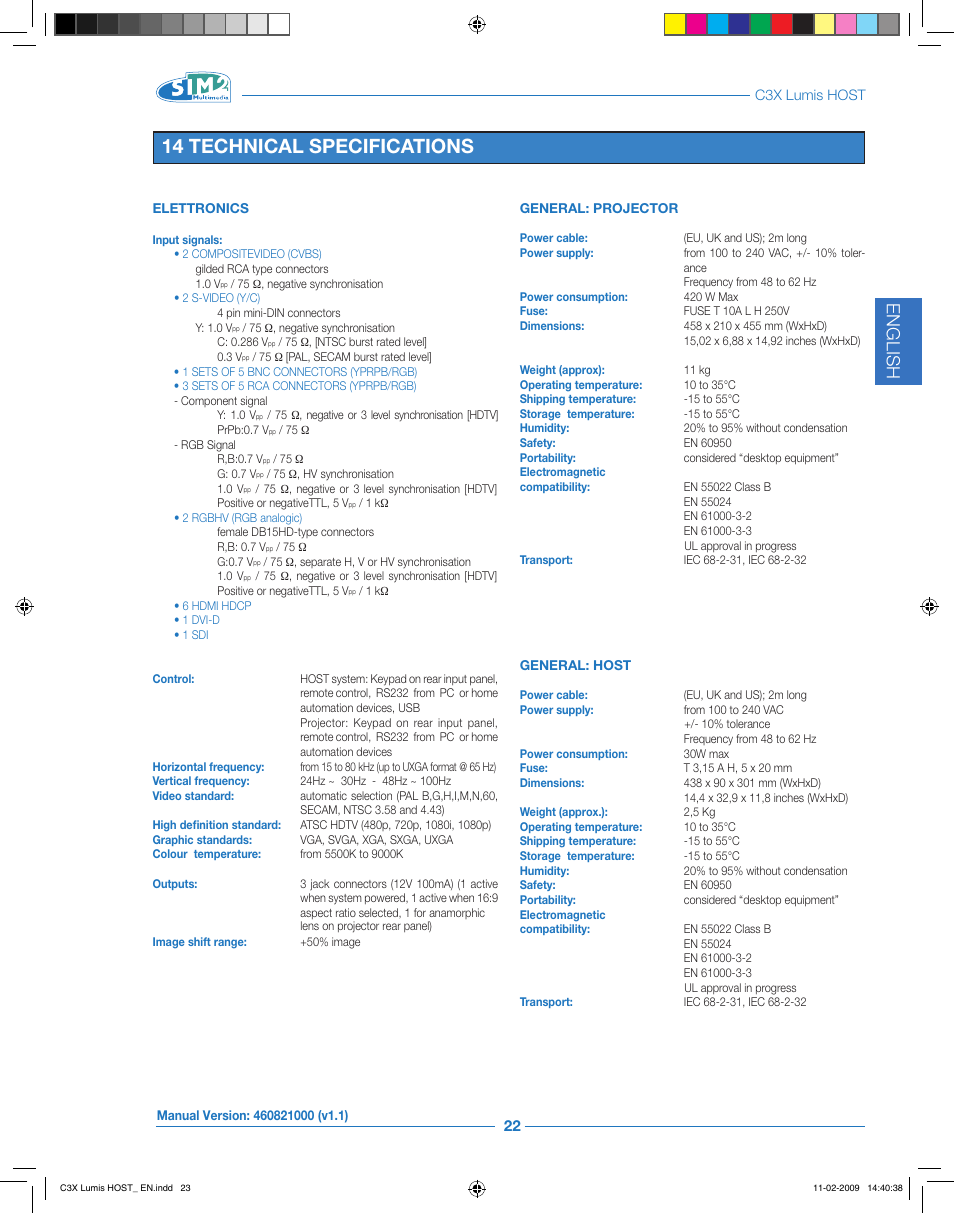 14 technical specifications, English | Sim2 Multimedia LUMIS HOST C3X User Manual | Page 25 / 32