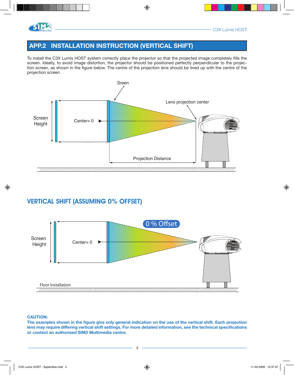 0 % offset, Vertical shift (assuming 0% offset), App.2 installation instruction (vertical shift) | Sim2 Multimedia LUMIS HOST C3X User Manual | Page 29 / 32