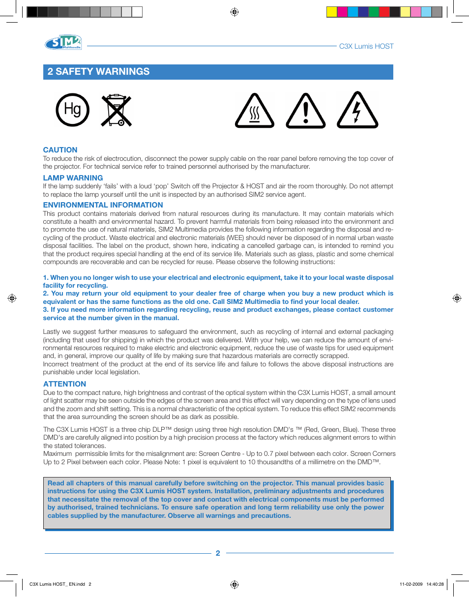 2 safety warnings, Caution, Lamp warning | Environmental information, Attention | Sim2 Multimedia LUMIS HOST C3X User Manual | Page 4 / 32