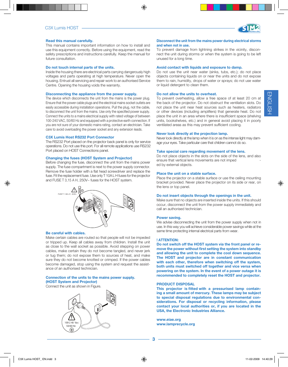 2 safety warnings, English, Caution | Lamp warning, Environmental information, Attention | Sim2 Multimedia LUMIS HOST C3X User Manual | Page 5 / 32