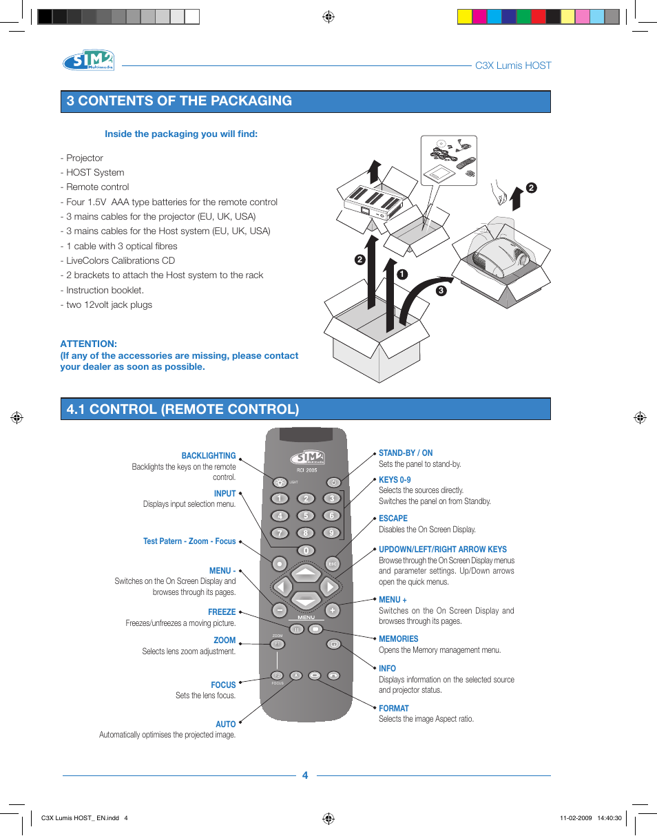 3 contents of the packaging, 1 control (remote control) | Sim2 Multimedia LUMIS HOST C3X User Manual | Page 6 / 32
