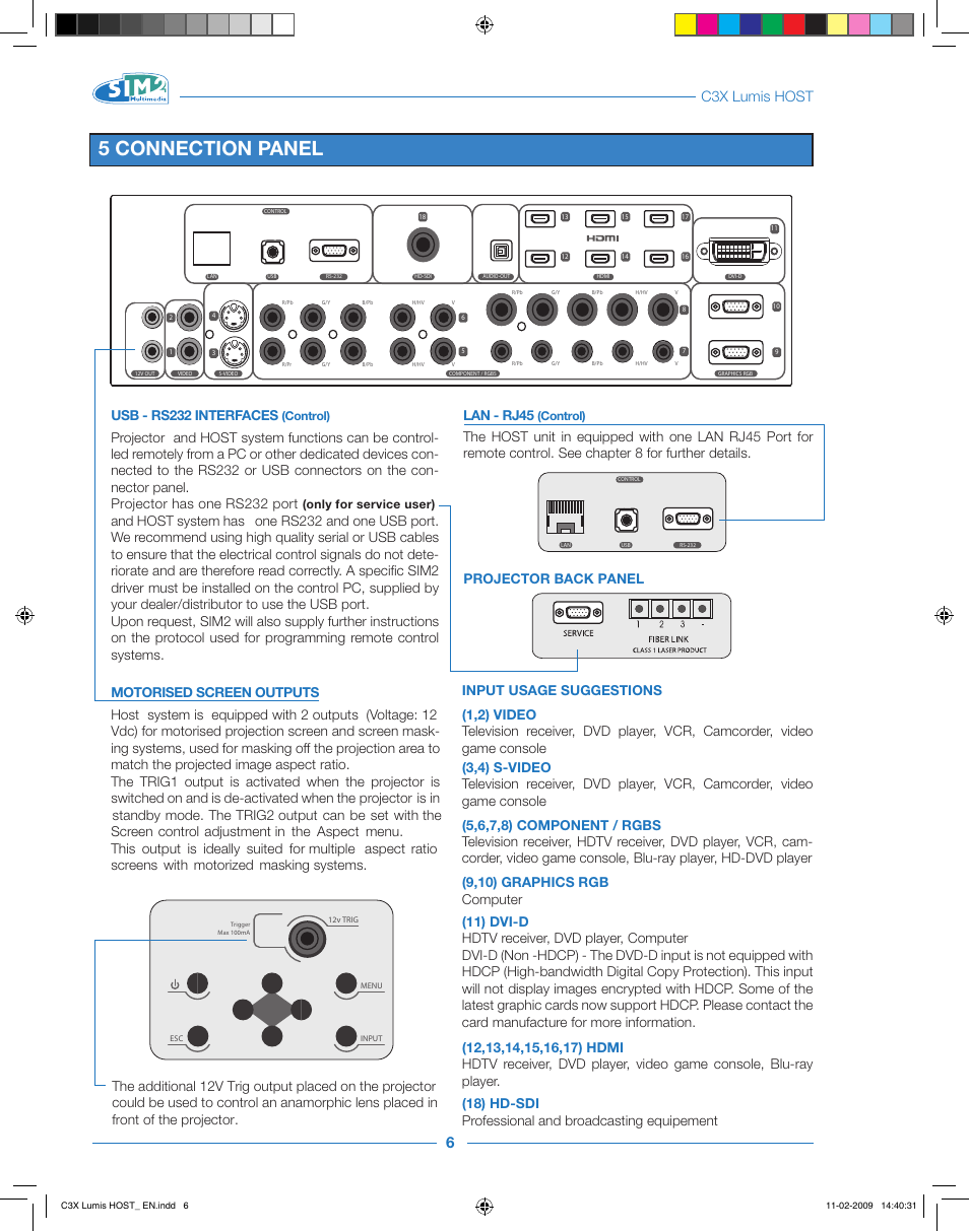 5 connection panel, C3x lumis host, Lan - rj45 | Control), Only for service user) | Sim2 Multimedia LUMIS HOST C3X User Manual | Page 8 / 32