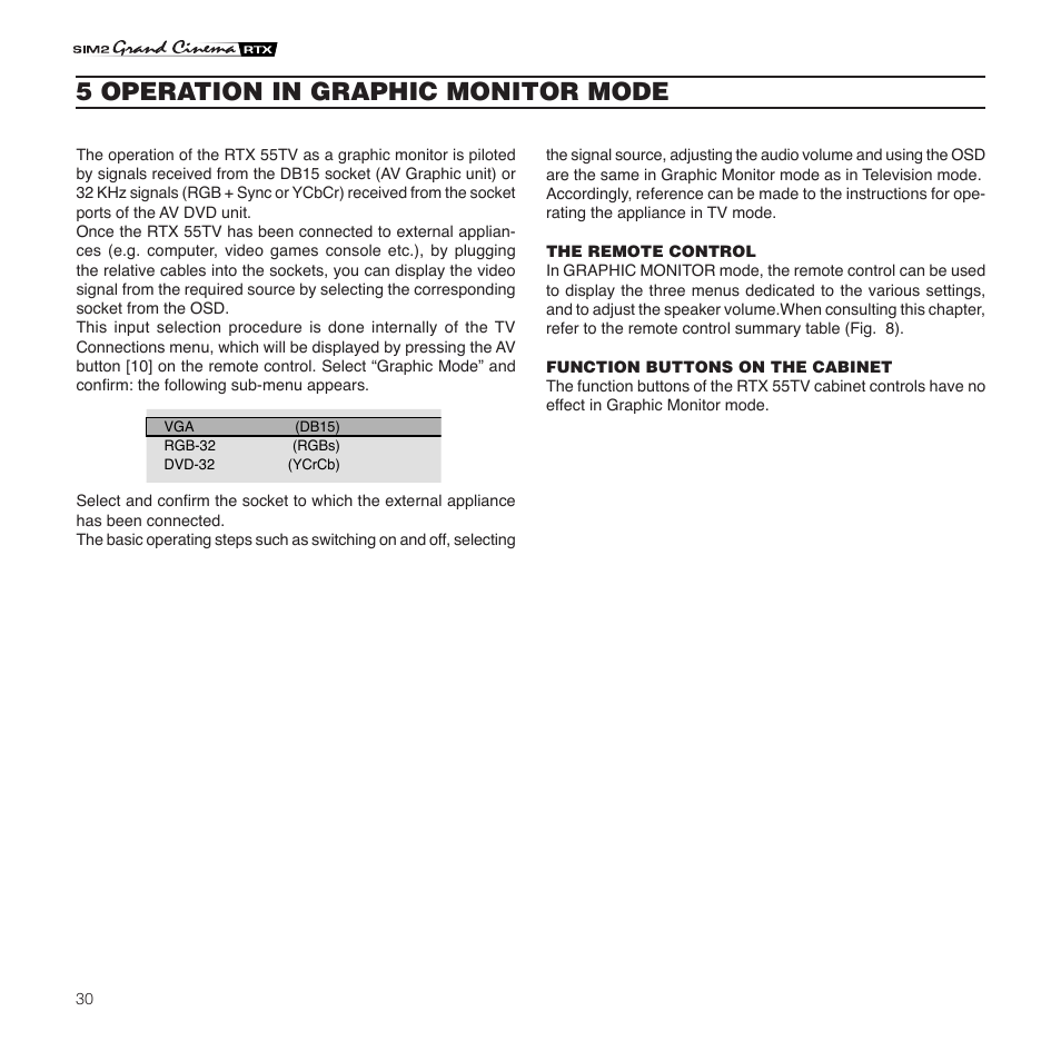 5 operation in graphic monitor mode | Sim2 Multimedia Grand Cinema RTX 55TV User Manual | Page 30 / 40