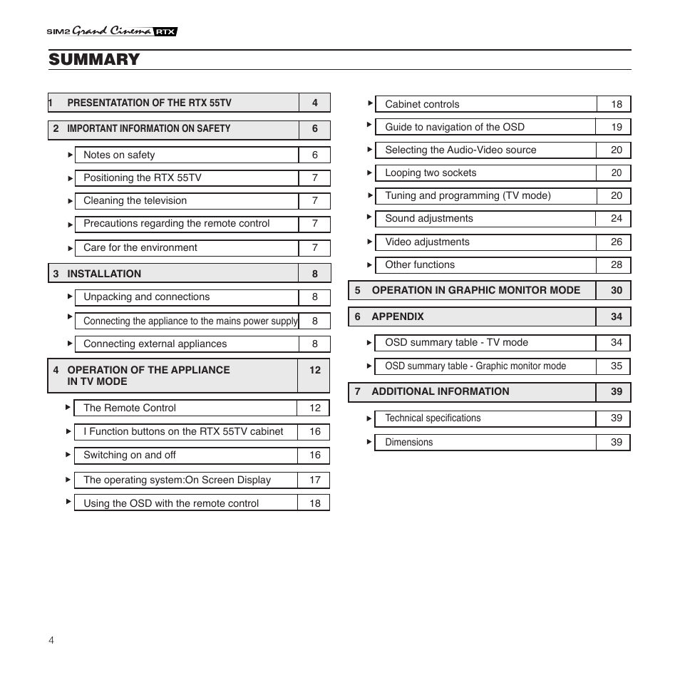 Summary | Sim2 Multimedia Grand Cinema RTX 55TV User Manual | Page 4 / 40