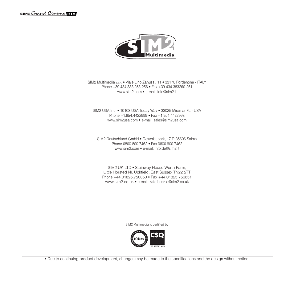 Sim2 Multimedia Grand Cinema RTX 55TV User Manual | Page 40 / 40