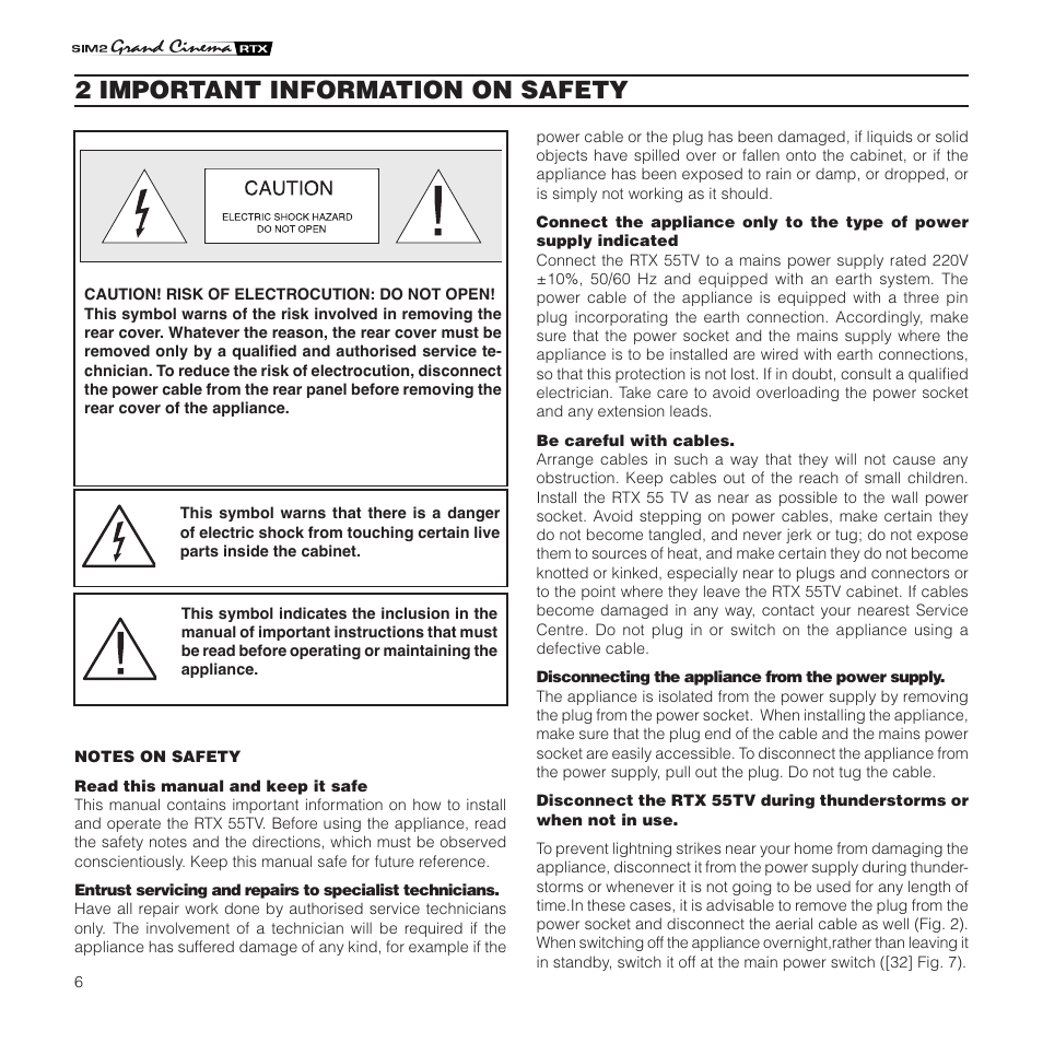 2 important information on safety | Sim2 Multimedia Grand Cinema RTX 55TV User Manual | Page 6 / 40