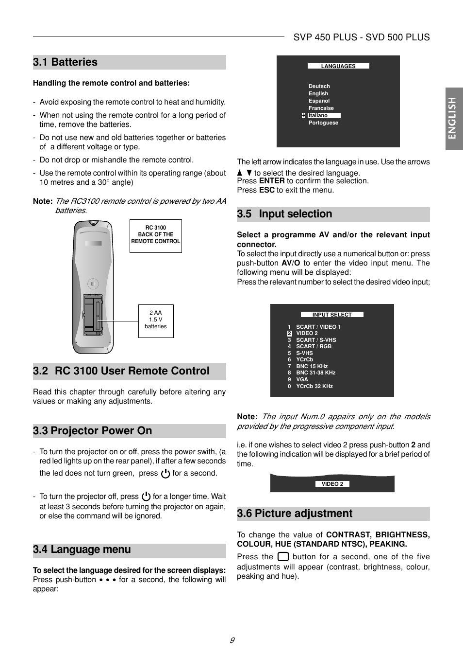 3 projector power on, 4 language menu, 1 batteries | 5 input selection, 6 picture adjustment, Englishenglishenglishenglishenglish | Sim2 Multimedia SVP 420 HB User Manual | Page 10 / 44