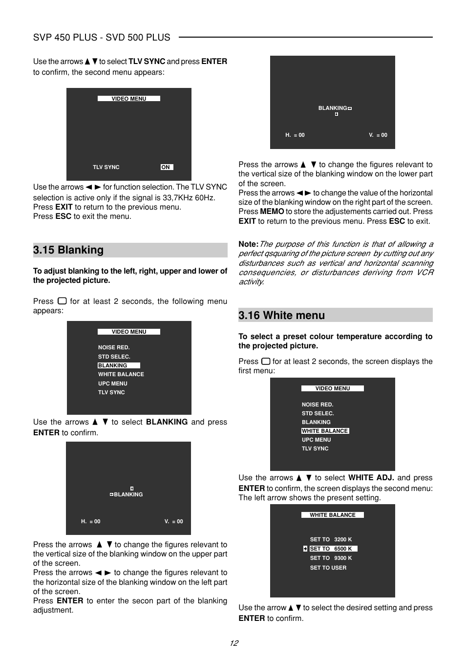 15 blanking, 16 white menu | Sim2 Multimedia SVP 420 HB User Manual | Page 13 / 44