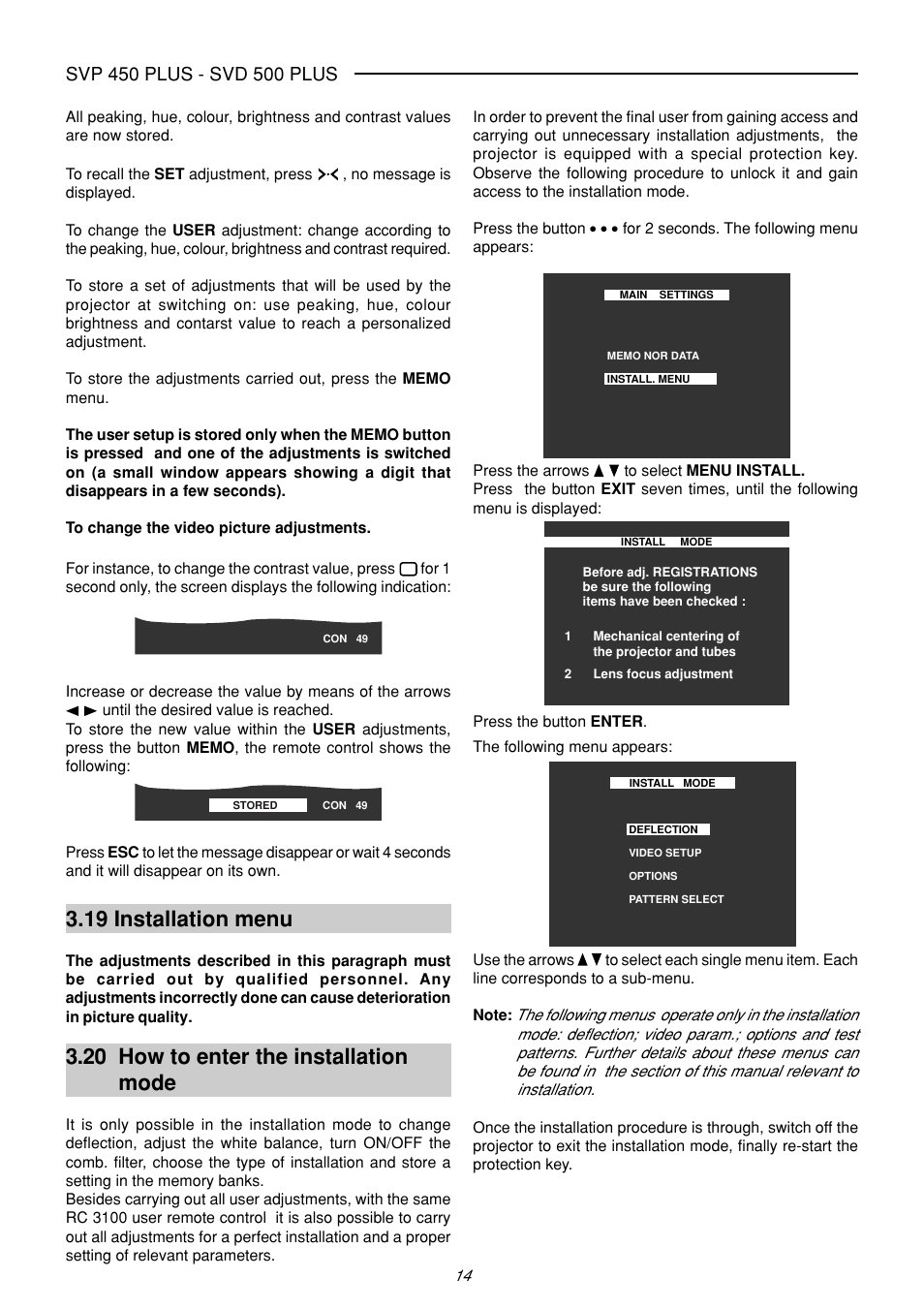 19 installation menu, 20 how to enter the installation mode | Sim2 Multimedia SVP 420 HB User Manual | Page 15 / 44