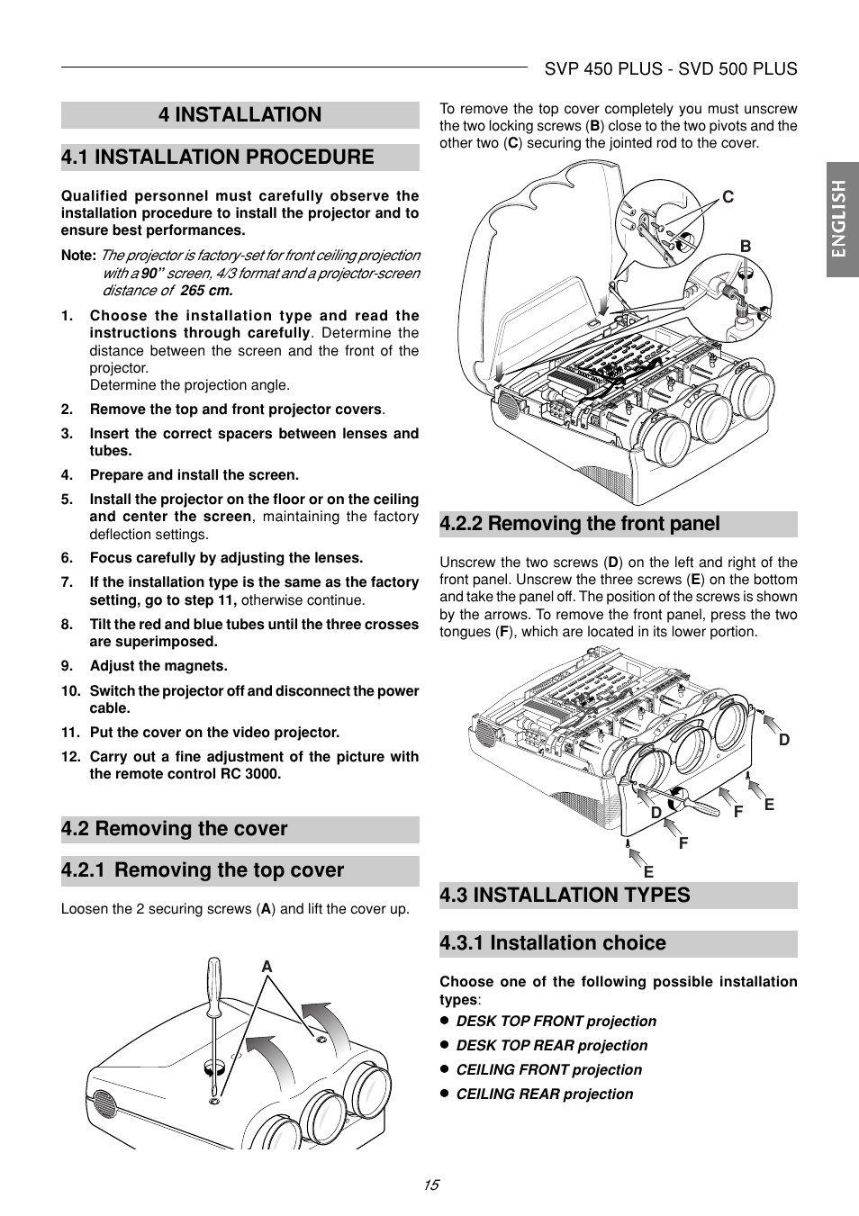 2 removing the front panel, 3 installation types 4.3.1 installation choice, 4 installation 4.1 installation procedure | 2 removing the cover 4.2.1 removing the top cover | Sim2 Multimedia SVP 420 HB User Manual | Page 16 / 44