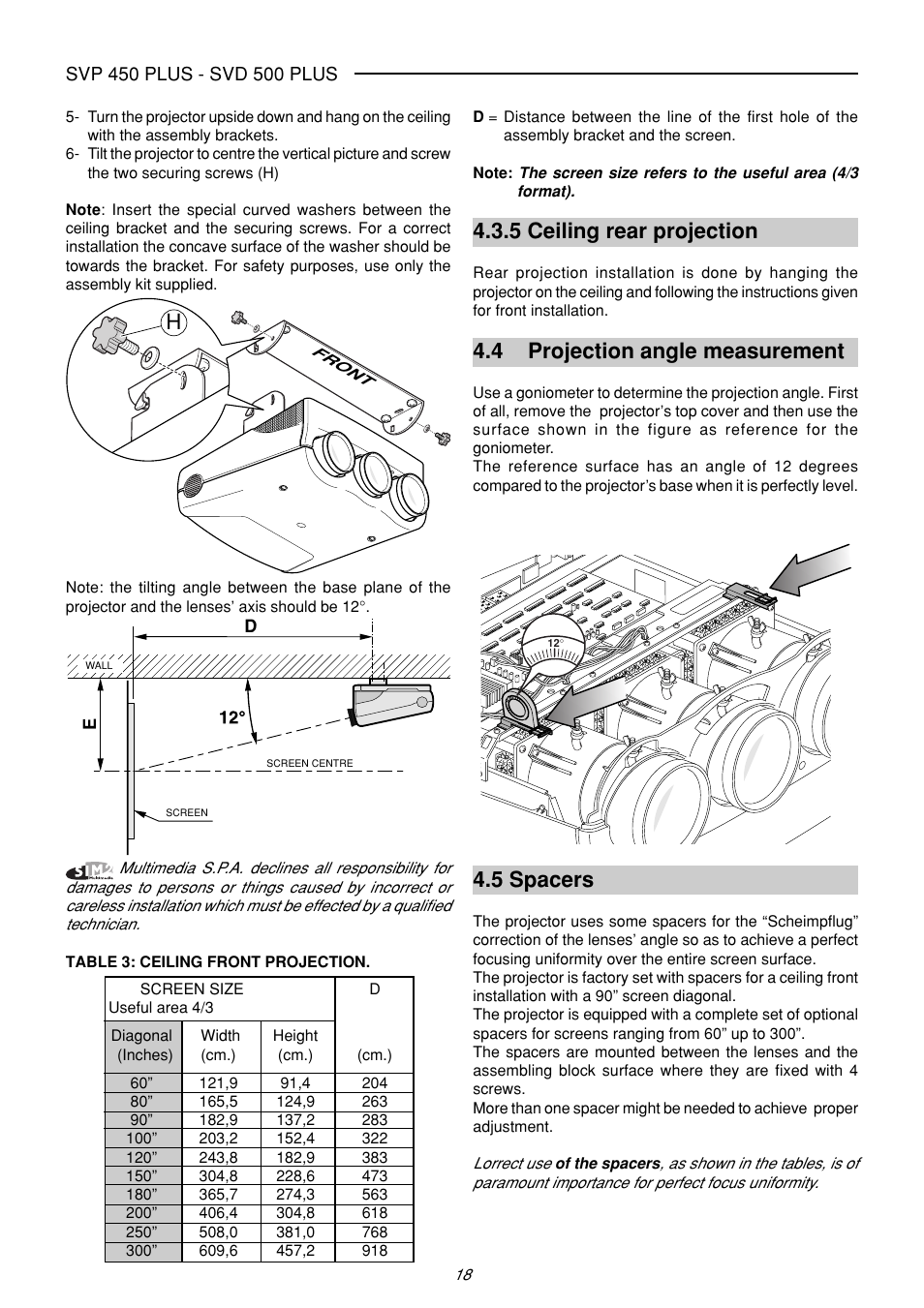 5 spacers, 5 ceiling rear projection, 4 projection angle measurement | Sim2 Multimedia SVP 420 HB User Manual | Page 19 / 44