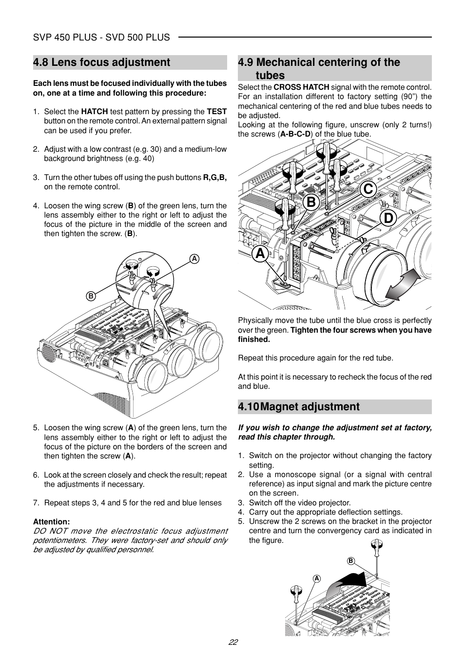Cd b a, 8 lens focus adjustment, 10magnet adjustment | 9 mechanical centering of the tubes | Sim2 Multimedia SVP 420 HB User Manual | Page 23 / 44