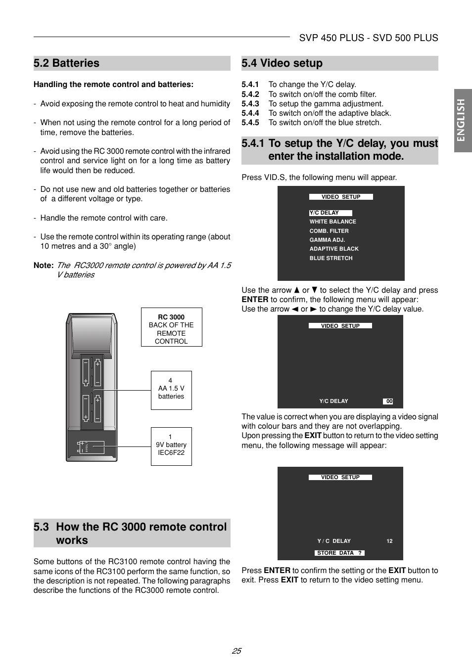 2 batteries, 4 video setup, Englishenglishenglishenglishenglish | Sim2 Multimedia SVP 420 HB User Manual | Page 26 / 44