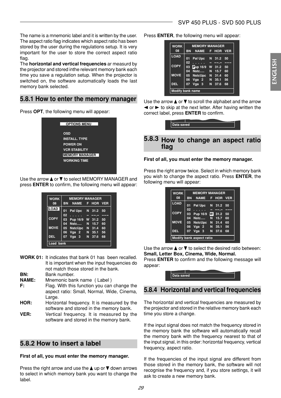 2 how to insert a label, 3 how to change an aspect ratio flag, 4 horizontal and vertical frequencies | Englishenglishenglishenglishenglish, Press opt , the following menu will appear | Sim2 Multimedia SVP 420 HB User Manual | Page 30 / 44