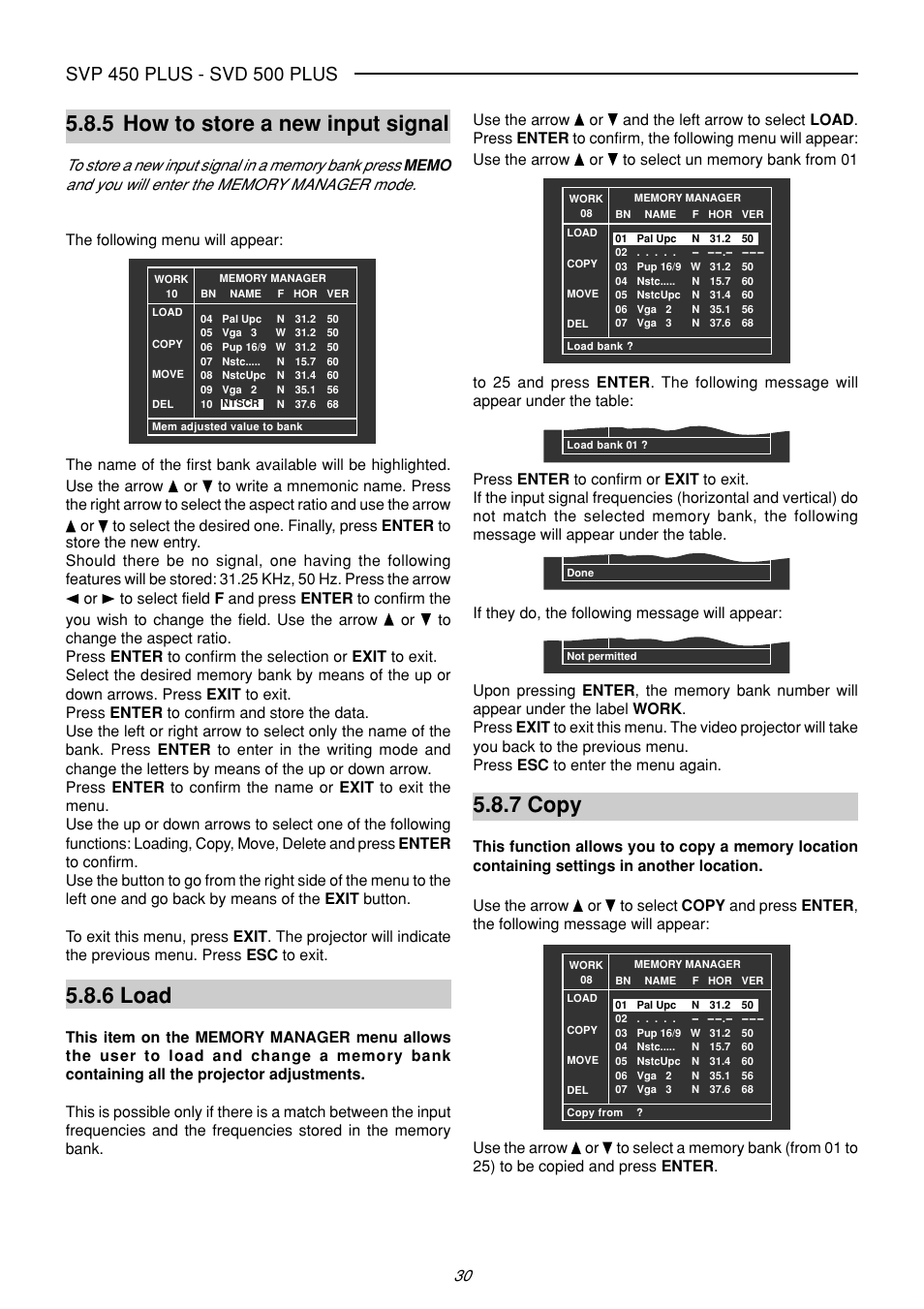 5 how to store a new input signal, 6 load, 7 copy | The following menu will appear, If they do, the following message will appear | Sim2 Multimedia SVP 420 HB User Manual | Page 31 / 44