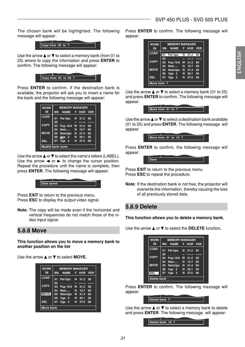 8 move, 9 delete, Englishenglishenglishenglishenglish | Sim2 Multimedia SVP 420 HB User Manual | Page 32 / 44