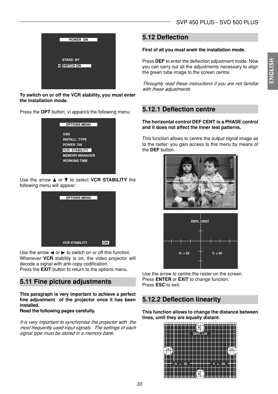 12 deflection, 1 deflection centre, 11 fine picture adjustments | 2 deflection linearity, Englishenglishenglishenglishenglish | Sim2 Multimedia SVP 420 HB User Manual | Page 34 / 44