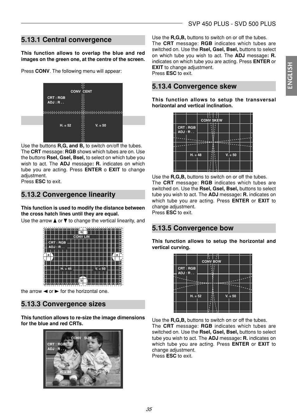 1 central convergence, 2 convergence linearity, 3 convergence sizes | 4 convergence skew, 5 convergence bow, Englishenglishenglishenglishenglish | Sim2 Multimedia SVP 420 HB User Manual | Page 36 / 44