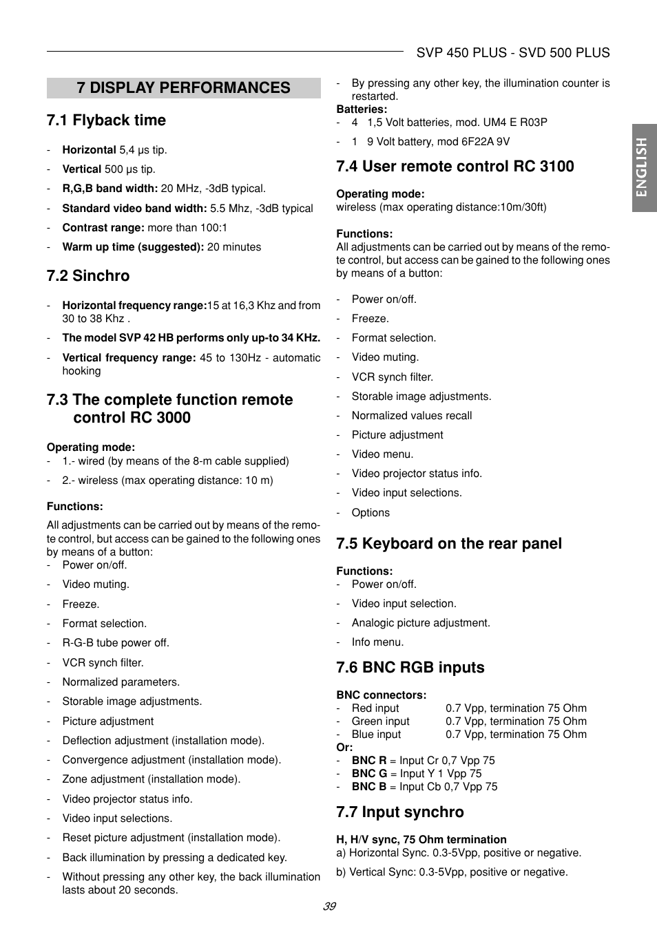 7 display performances 7.1 flyback time, 2 sinchro, 5 keyboard on the rear panel | 6 bnc rgb inputs, 7 input synchro | Sim2 Multimedia SVP 420 HB User Manual | Page 40 / 44