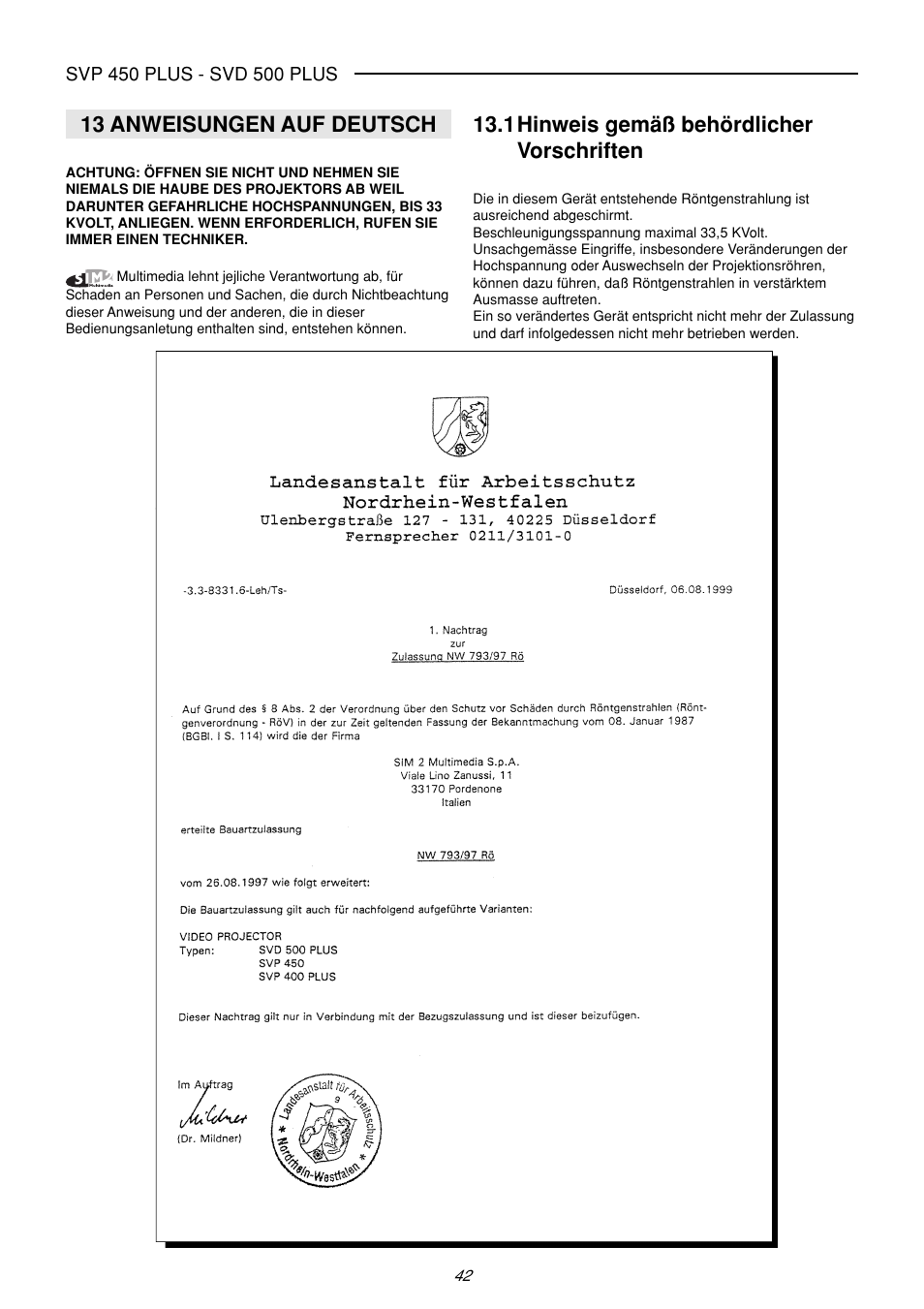 13 anweisungen auf deutsch, 1hinweis gemäß behördlicher vorschriften | Sim2 Multimedia SVP 420 HB User Manual | Page 43 / 44