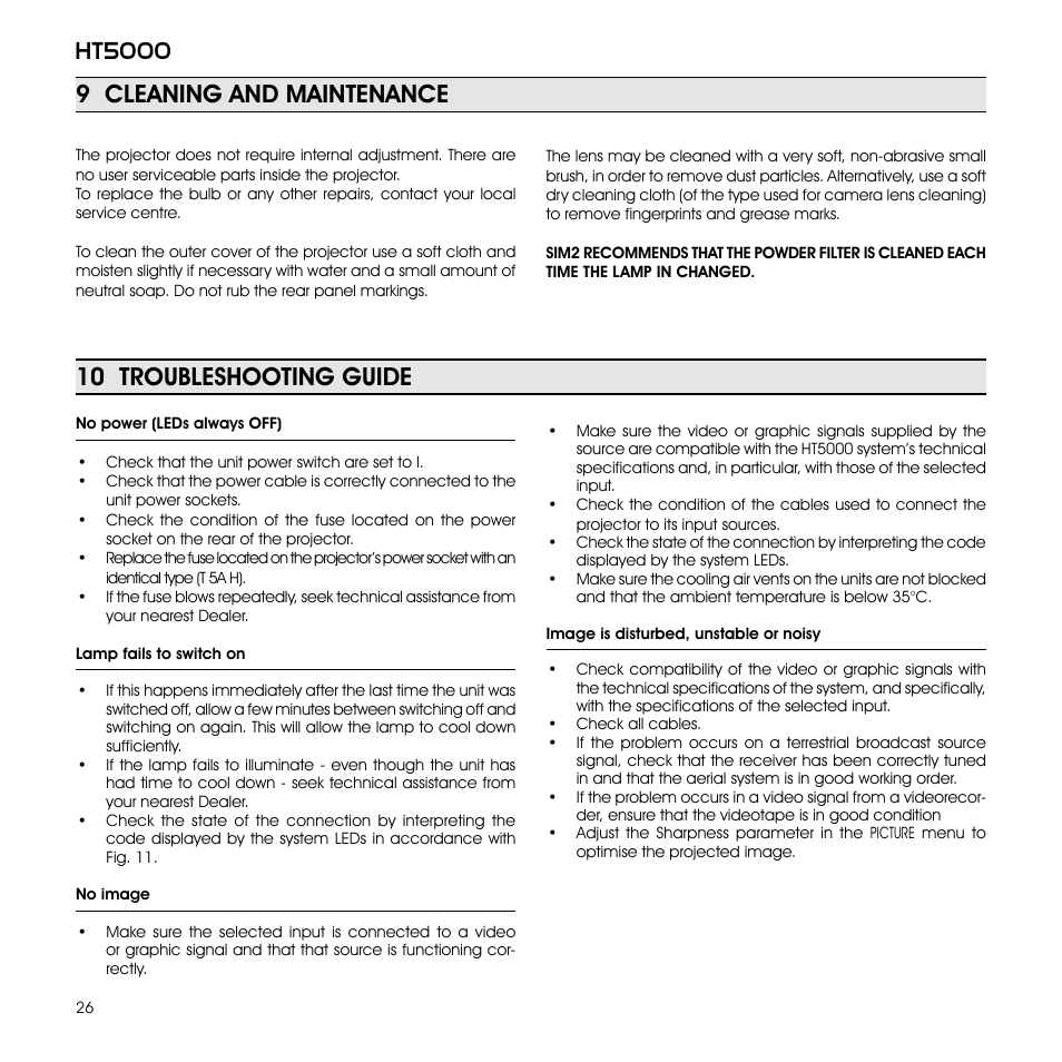 Ht5000, 10 troubleshooting guide, 9 cleaning and maintenance | Sim2 Multimedia GRAND CINEMA HT HT5000 User Manual | Page 26 / 35