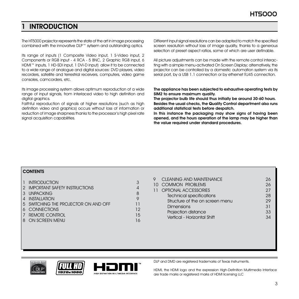 Ht5000, Full hd, 1 introduction | Sim2 Multimedia GRAND CINEMA HT HT5000 User Manual | Page 3 / 35