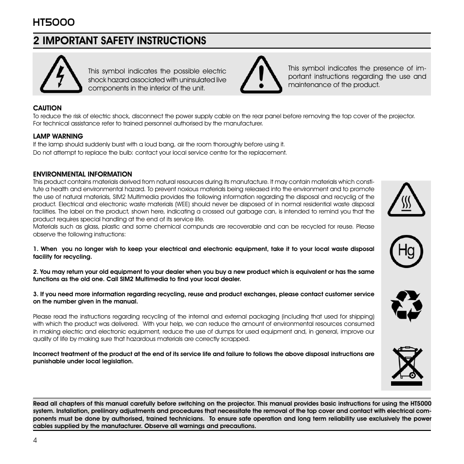 Ht5000, 2 important safety instructions | Sim2 Multimedia GRAND CINEMA HT HT5000 User Manual | Page 4 / 35