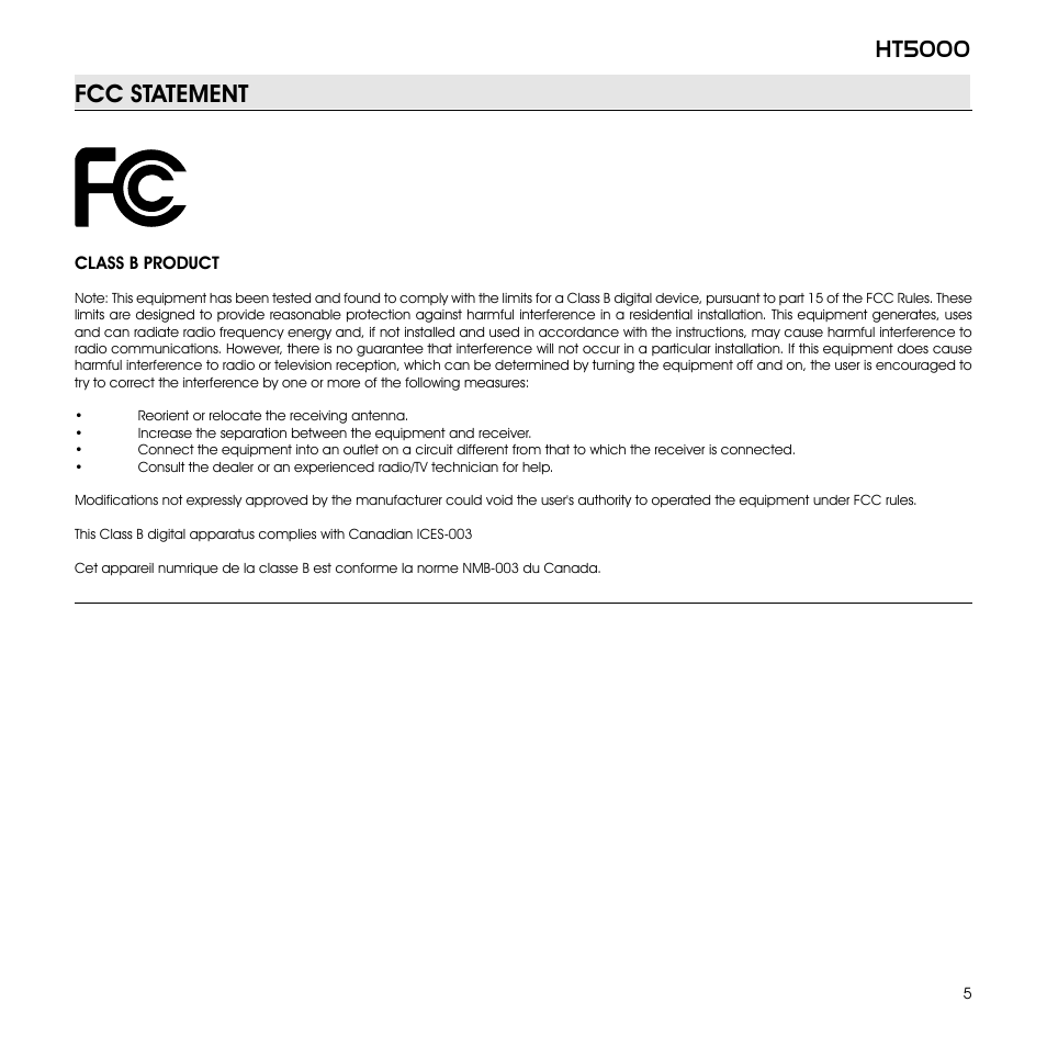 Ht5000, Fcc statement | Sim2 Multimedia GRAND CINEMA HT HT5000 User Manual | Page 5 / 35