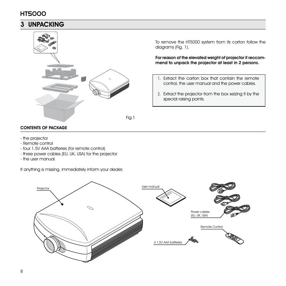 Ht5000, 3 unpacking | Sim2 Multimedia GRAND CINEMA HT HT5000 User Manual | Page 8 / 35