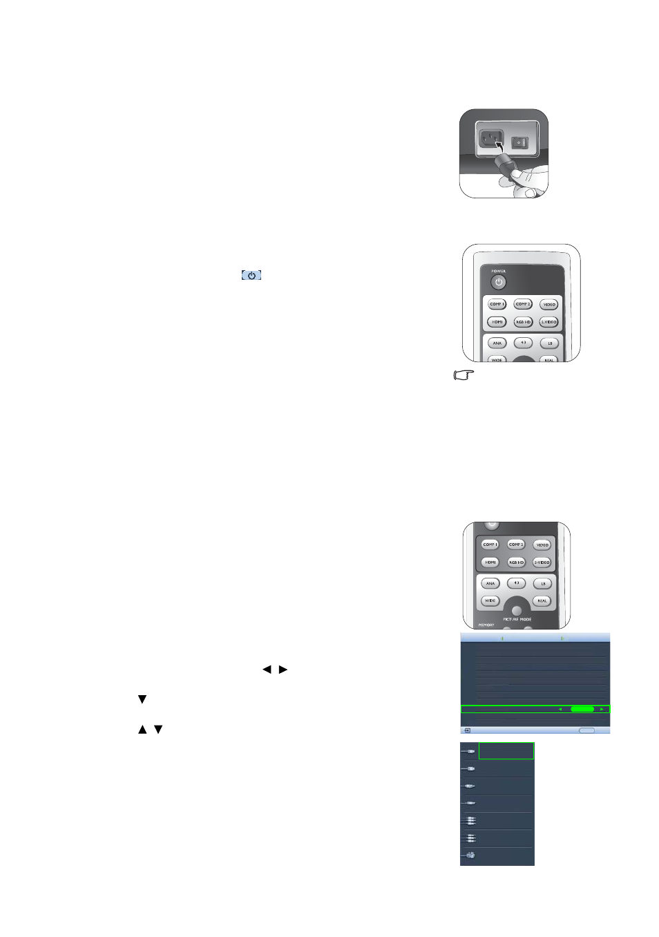 Using the projector, Turning the projector on, Selecting an input source | Turning the projector on selecting an input source, Using the remote control, Using the osd menu | Sim2 Multimedia DIGITAL D60 User Manual | Page 18 / 52