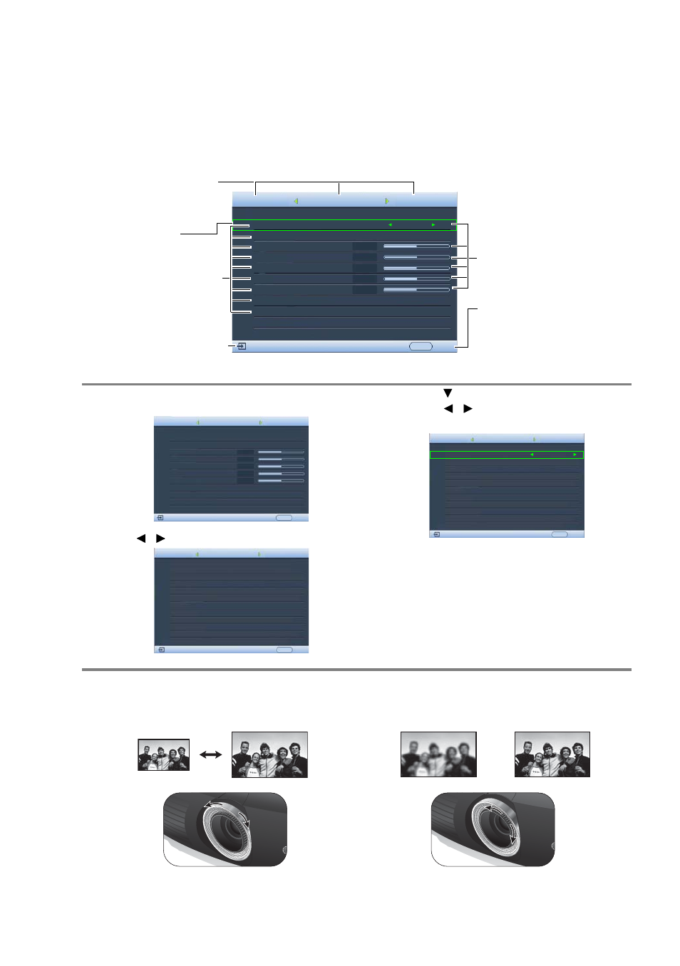 Using the menus, Fine-tuning the image size and clarity, Using the menus fine-tuning the image size and | Clarity, D. see, Using the menus" on, 19 using the projector | Sim2 Multimedia DIGITAL D60 User Manual | Page 19 / 52