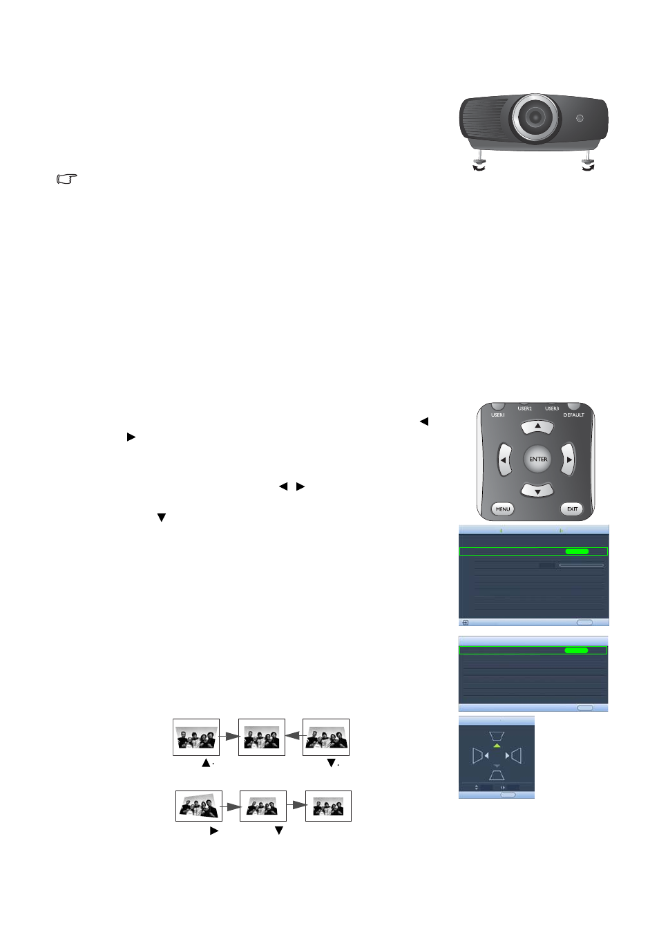 Adjusting the projected image, Adjusting the projection angle, Correcting picture distortion | Adjusting the projected image 22, For det, Two parallel sides no parallel sides | Sim2 Multimedia DIGITAL D60 User Manual | Page 22 / 52