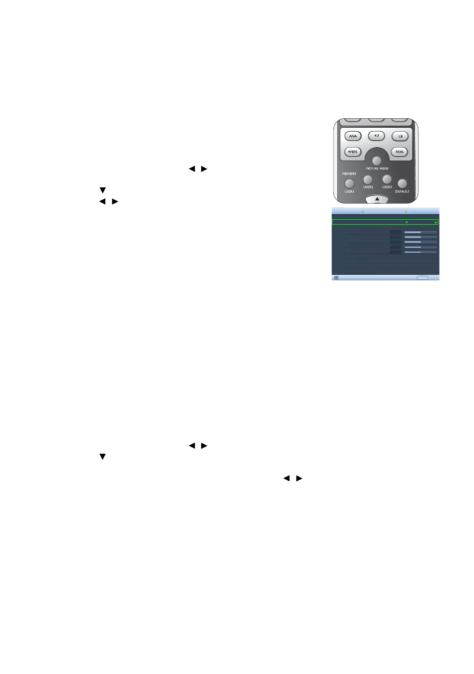 Using the preset and user modes, Selecting a picture mode, Fine-tuning the selected picture mode | Using the remote control, Using the osd menu | Sim2 Multimedia DIGITAL D60 User Manual | Page 23 / 52