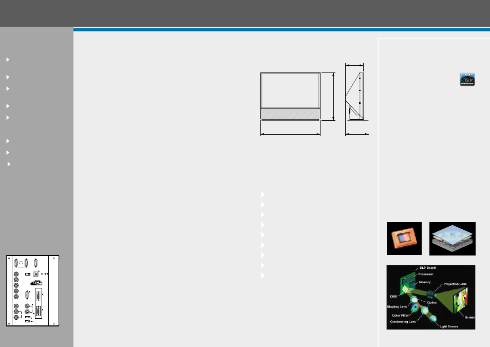 45” display monitor, Key points, Dimensions (cm) | Image quality, Reliability, Easy installation, Versatile image control, Maintenance, Dlp™ technology, A digital technology | Sim2 Multimedia SMG45 D169 User Manual | Page 2 / 2