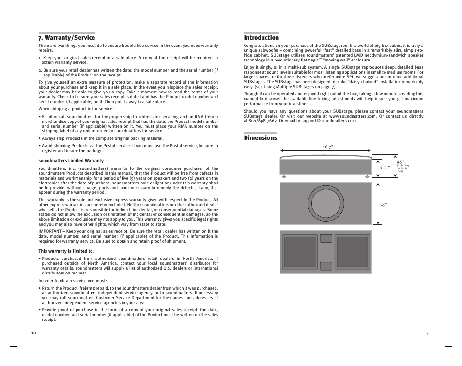 Warranty/service, Introduction, Dimensions | Soundmatters system User Manual | Page 3 / 6