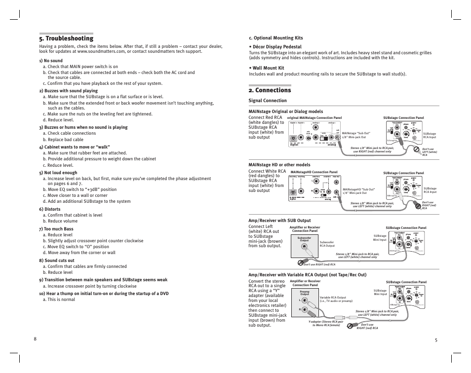 Troubleshooting, Connections | Soundmatters system User Manual | Page 5 / 6