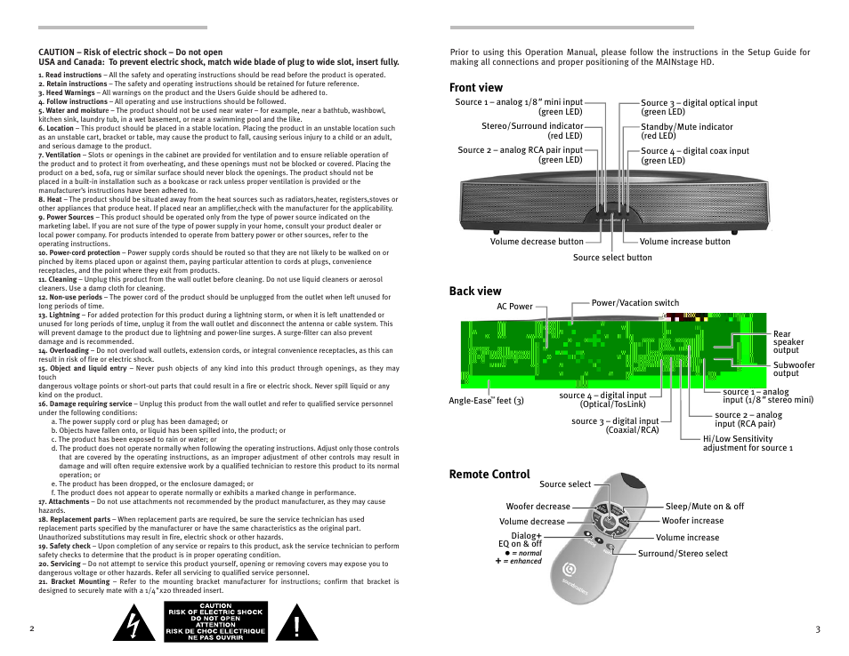 Important safety precautions, Back view remote control front view | Soundmatters MAINstage HD User Manual | Page 2 / 6