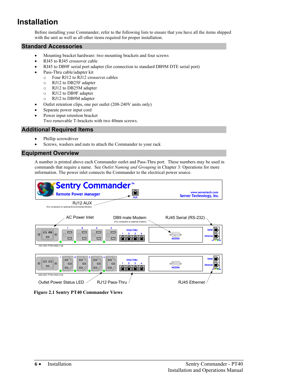 Standard accessories, Additional required items, Equipment overview | Tandard, Ccessories, Dditional, Equired, Tems, Quipment, Verview | Sentry Industries PT40 User Manual | Page 10 / 64