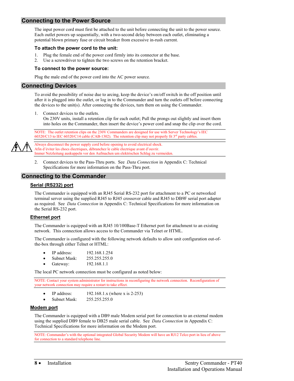 Connecting to the power source, Connecting devices, Connecting to the commander | Onnecting to the, Ower, Ource, Onnecting, Evices, Ommander, Serial (rs232) port | Sentry Industries PT40 User Manual | Page 12 / 64