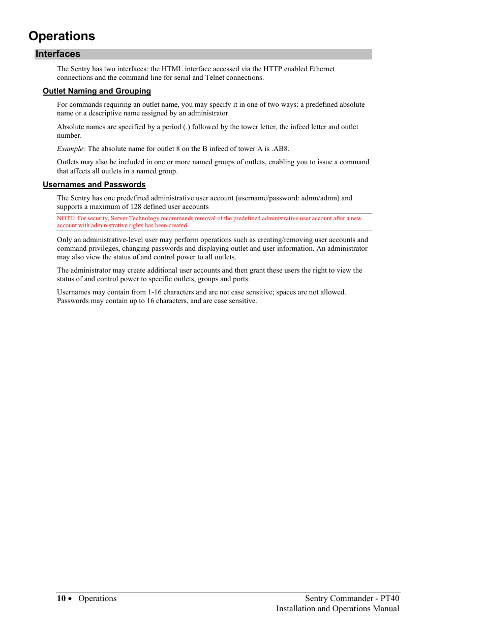 Interfaces, Outlet naming and grouping, Usernames and passwords | Nterfaces, Operations | Sentry Industries PT40 User Manual | Page 14 / 64