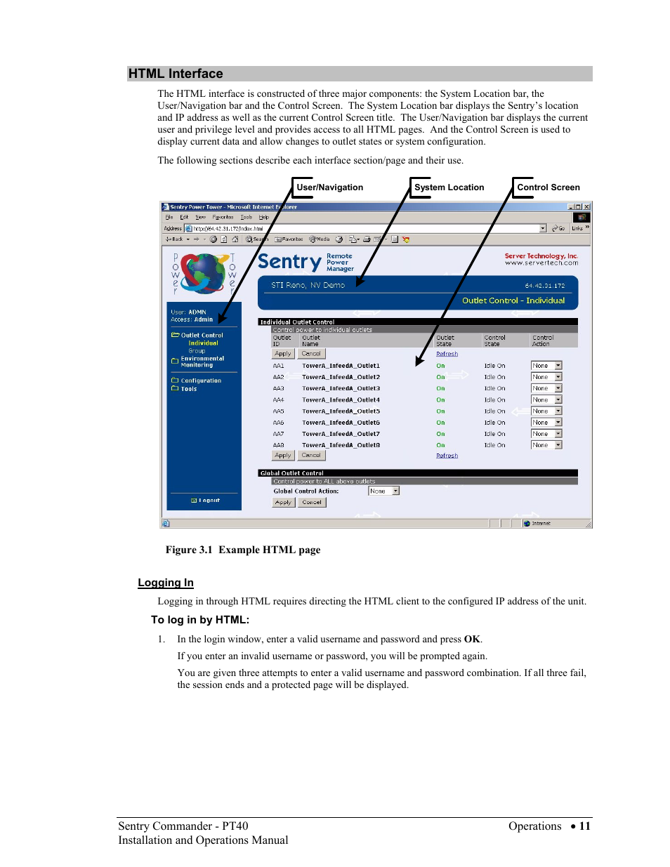 Html interface, Logging in, Html i | Nterface | Sentry Industries PT40 User Manual | Page 15 / 64