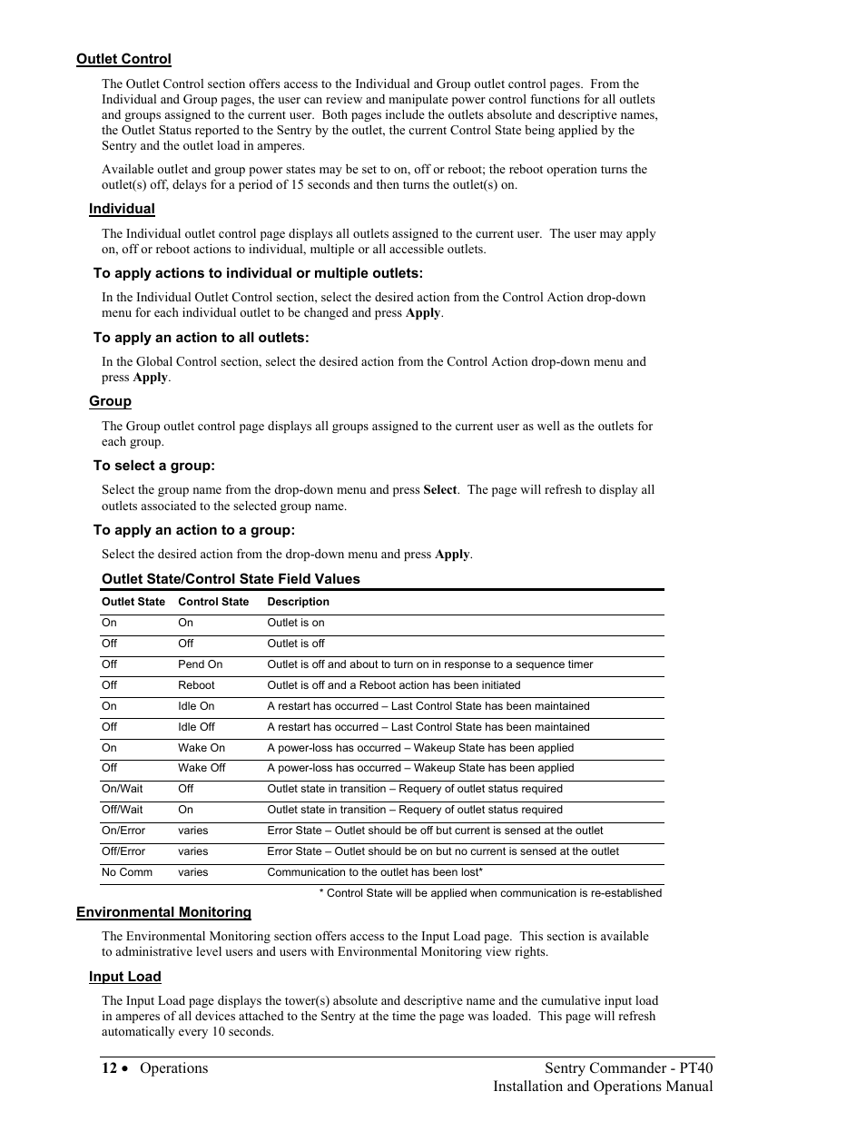 Outlet control, Environmental monitoring, Individual | Group, Input load | Sentry Industries PT40 User Manual | Page 16 / 64
