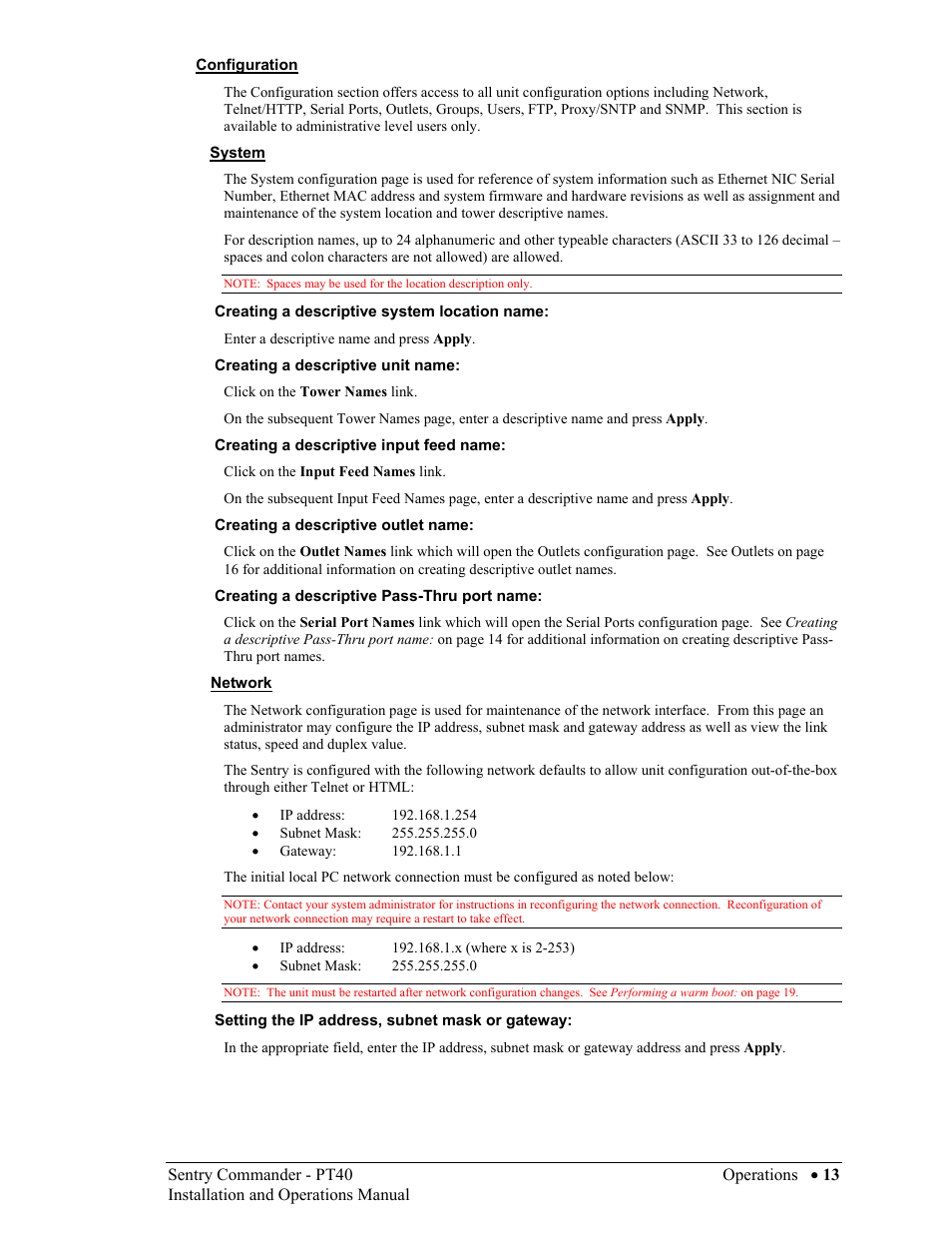 Configuration, System, Network | Sentry Industries PT40 User Manual | Page 17 / 64